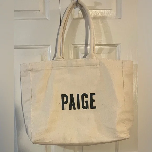 PAIGE Large Logo Natural Color Canvas Tote Inside Zip Pocket Travel Beach Shop - Picture 2 of 5